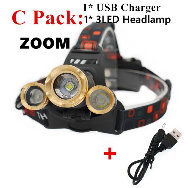 Multi-LED Rechargeable Headlamp – 30W, CREE T6+R5, Zoomable, 3 Modes, Waterproof