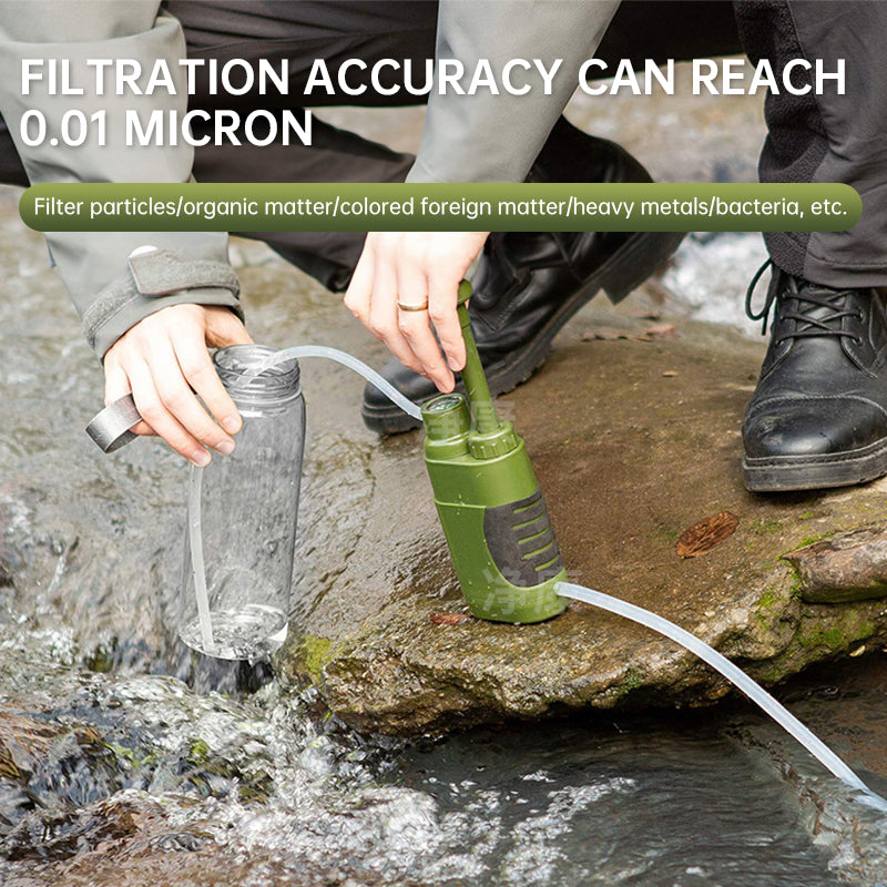 A portable outdoor water filter pump with a 0.01-micron, 3-stage filtration system, suitable for hiking and camping.