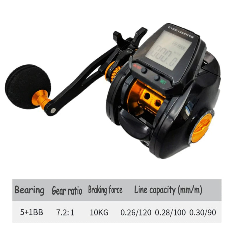 Baitcasting Fishing Reel – 7.2:1 Gear Ratio, Digital Line Counter, Large Display, Bite Alarm