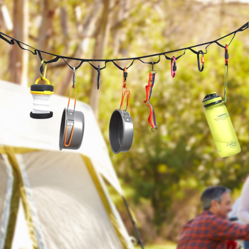 Adjustable Camping Clothesline Strap – 19 Hooks, Tent Storage Rope, Lanyard
