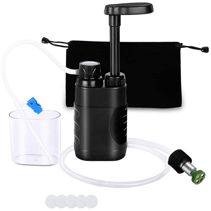 A portable outdoor water filter pump with a 0.01-micron, 3-stage filtration system, suitable for hiking and camping.