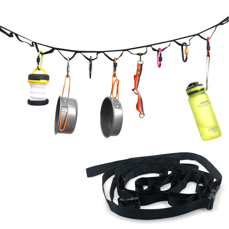 Adjustable Camping Clothesline Strap – 19 Hooks, Tent Storage Rope, Lanyard