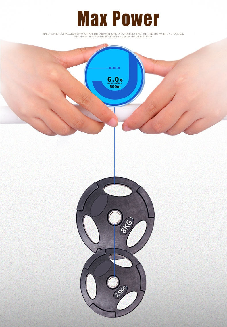 Nylon Monofilament Fishing Line – 500m, Sizes 0.4–8.0, Fluorocarbon-Coated, Sea Fishing