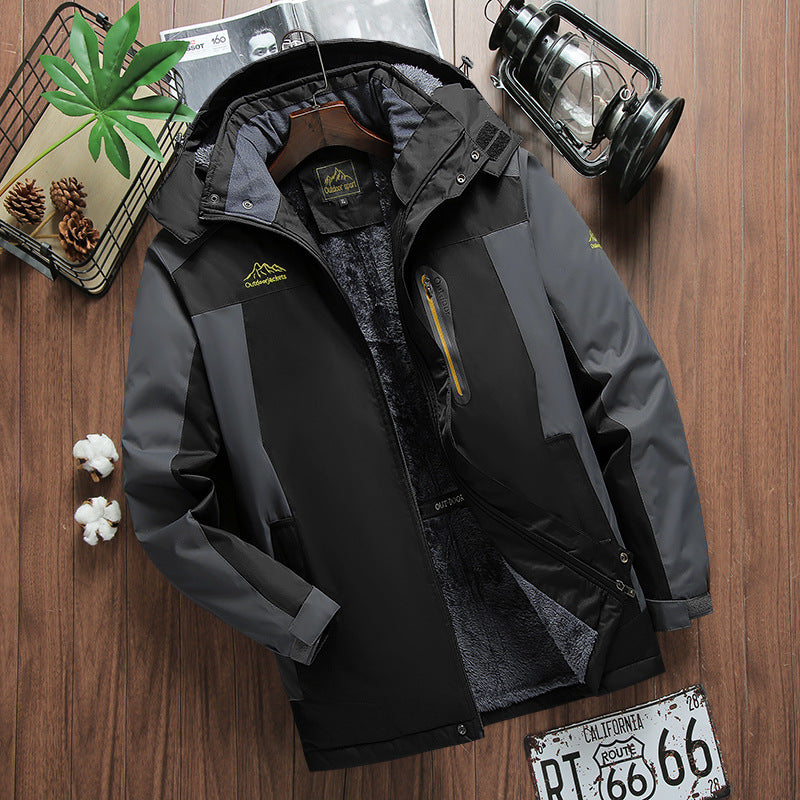 Men's Fleece-Lined Hooded Outdoor Jacket – Zipper Closure, Windproof, Sizes M–9XL