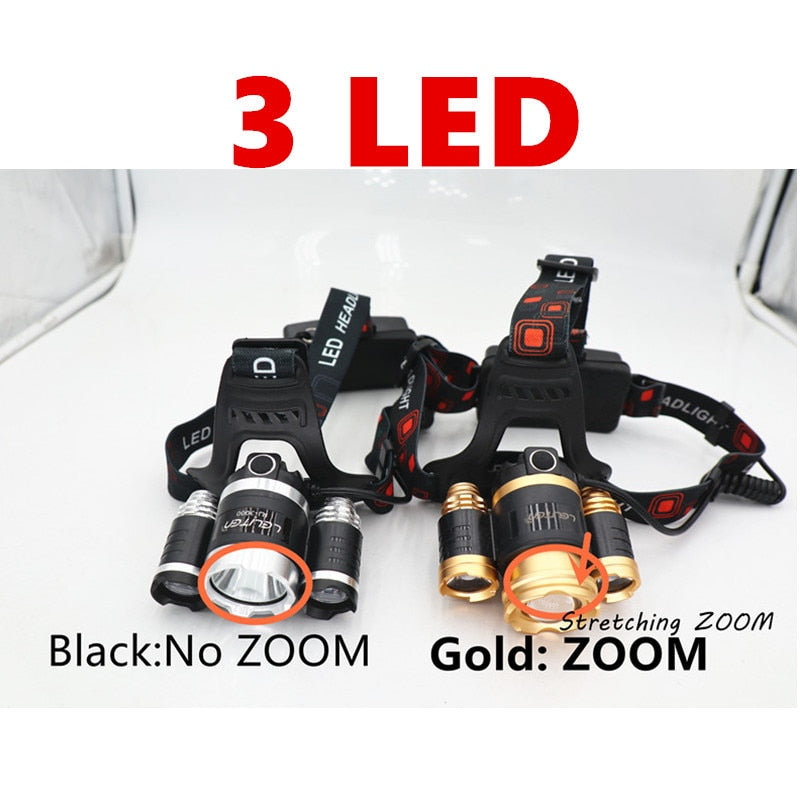 Multi-LED Rechargeable Headlamp – 30W, CREE T6+R5, Zoomable, 3 Modes, Waterproof