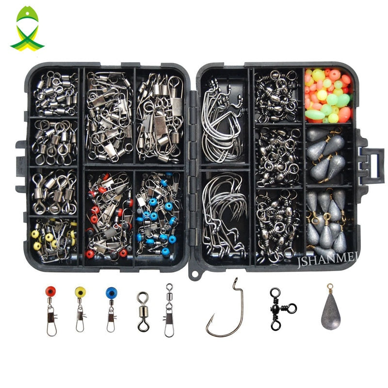 160-Piece Fishing Tackle Accessories Kit – Jig Hooks, Sinkers, Swivels, Snaps & Box