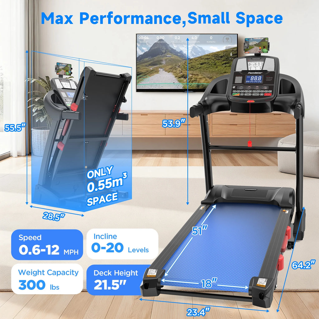 5.0HP Folding Treadmill for Home with 20 Auto Incline, Smart APP, 300Lbs, Hifi Bluetooth Speakers, 64 Programs, 12MPH Speed, Foldable Electric Treadmill Running Machine, Knee Strap Gift