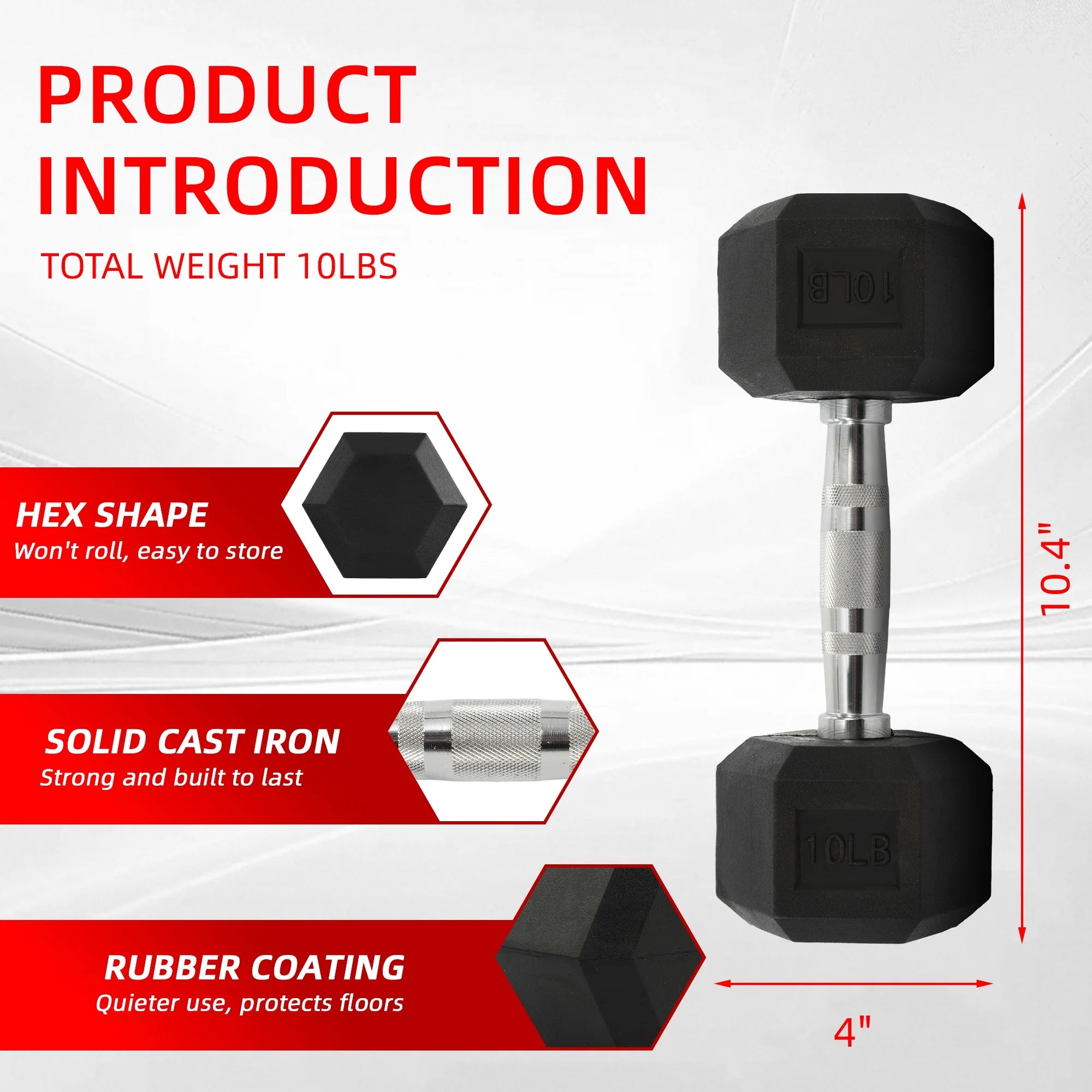 Rubber Encased Hex Dumbbell, 20 Lb, Single, Black