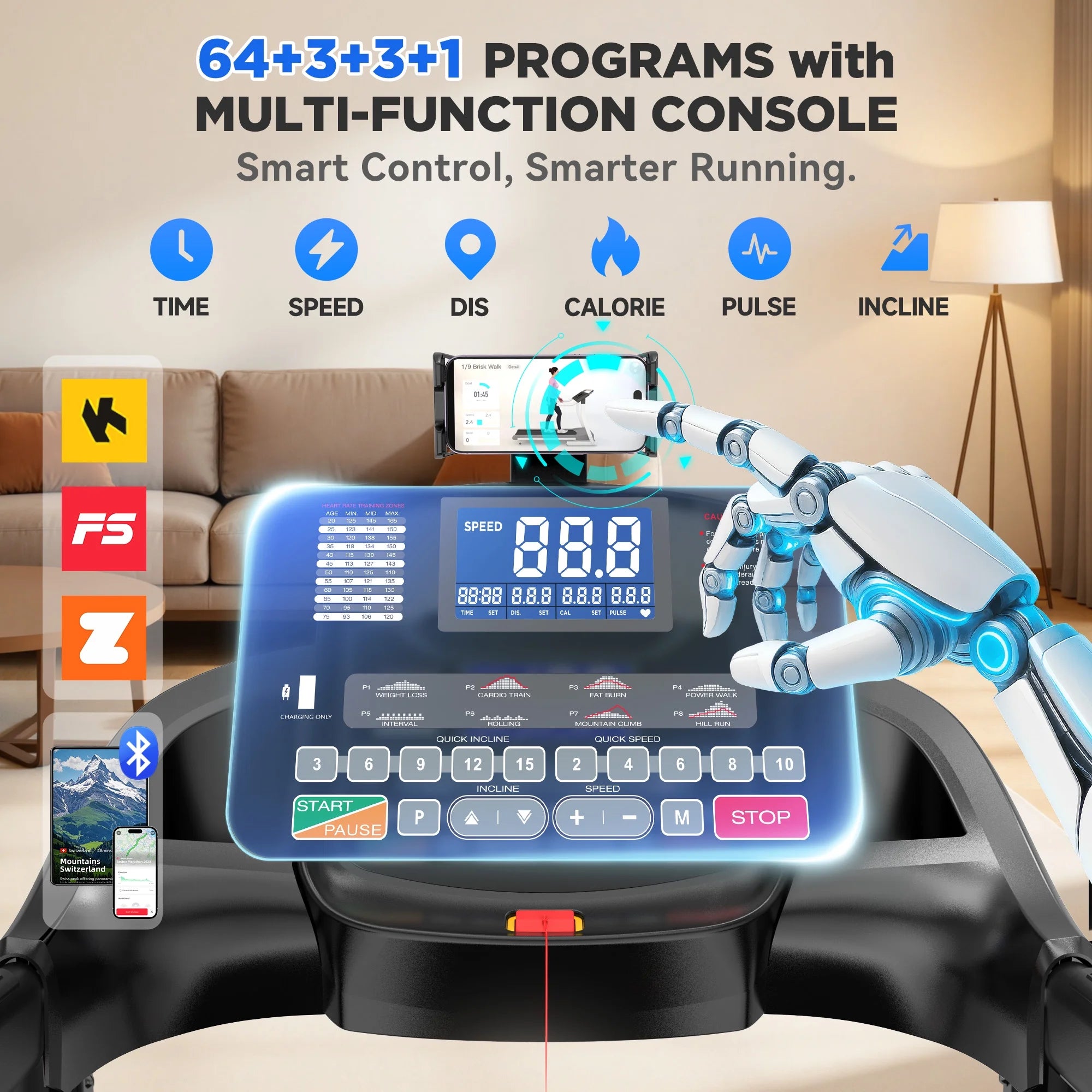 5.0HP Folding Treadmill for Home with 20 Auto Incline, Smart APP, 300Lbs, Hifi Bluetooth Speakers, 64 Programs, 12MPH Speed, Foldable Electric Treadmill Running Machine, Knee Strap Gift