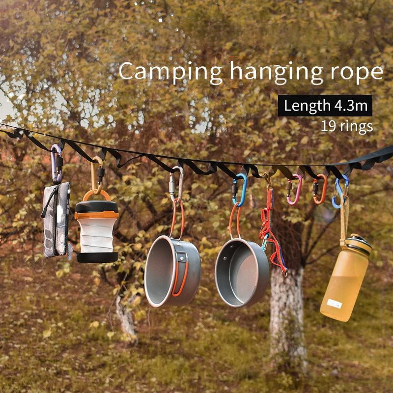 Adjustable Camping Clothesline Strap – 19 Hooks, Tent Storage Rope, Lanyard