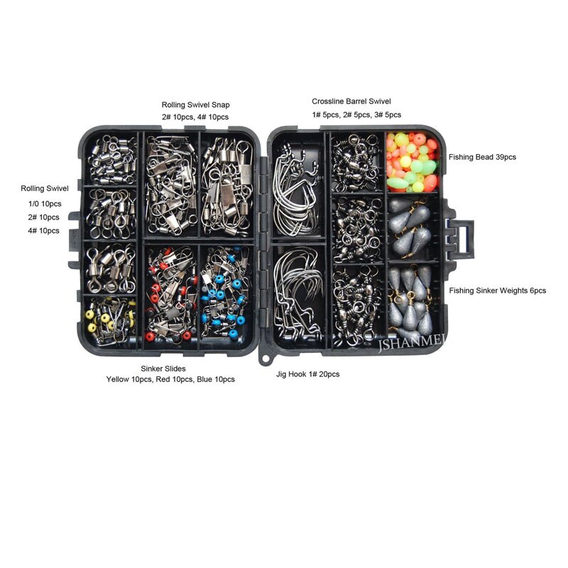 160-Piece Fishing Tackle Accessories Kit – Jig Hooks, Sinkers, Swivels, Snaps & Box