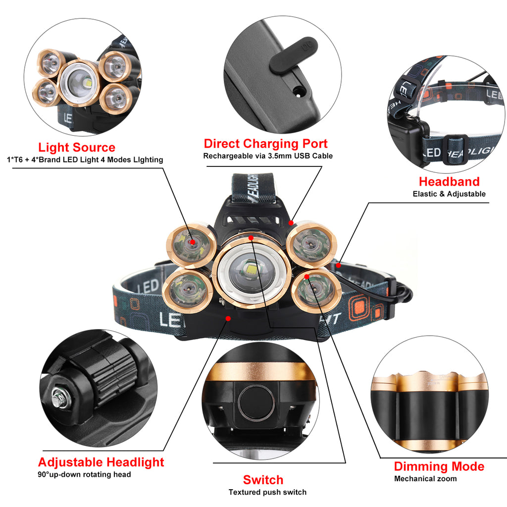 LED Headlamp 1500  5*T6 Headlamp Bike Head Lamp Light 18650 Rechargeable Fishing Camping Flashlight