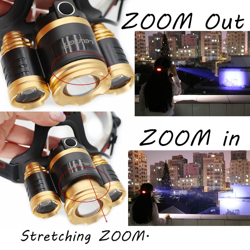 Multi-LED Rechargeable Headlamp – 30W, CREE T6+R5, Zoomable, 3 Modes, Waterproof
